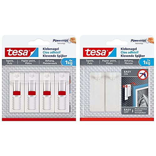 tesa Verstellbarer Klebenagel (für Tapeten und Putz 1 kg, Höhenverstellbarer) 4er Pack & Klebenagel für Tapeten und Putz 1kg - Selbstklebende Nägel für empfindliche Oberflächen von tesa