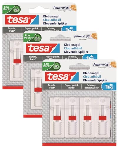 tesa Klebenagel für Tapeten und Putz 2kg - Selbstklebende Nägel für empfindliche Oberflächen - rückstandslos - bis zu 2kg Halteleistung pro Nagel (12x 1,0kg) von tesa