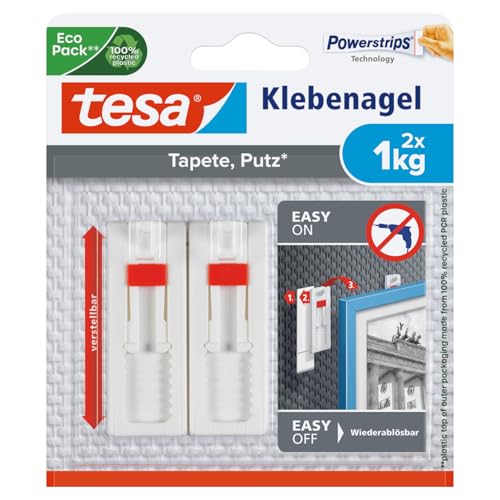 tesa Klebenagel für Tapeten und Putz / Selbstklebende Nägel für empfindliche Oberflächen / Leicht anzubringen und zu entfernen - rückstandslos / 2 x 1kg Halteleistung von tesa
