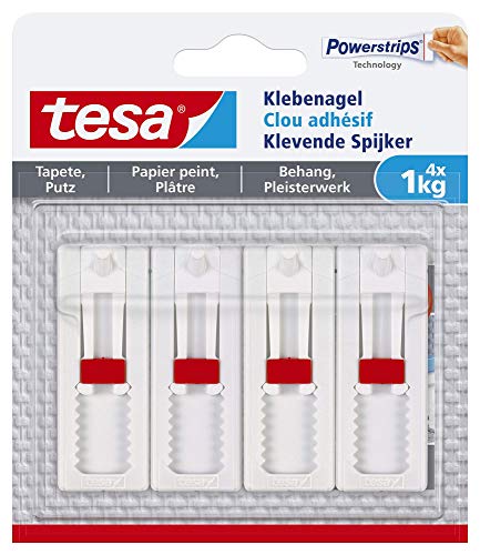 tesa Verstellbarer Klebenagel (für Tapeten und Putz 1 kg, Höhenverstellbarer, selbstklebender Wandnagel, bis zu 1 kg Halteleistung pro Nagel) 4er Pack von tesa