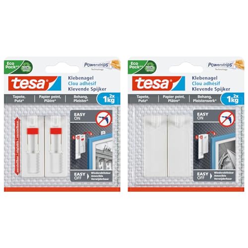 tesa Verstellbarer Klebenagel (für Tapeten und Putz 1 kg, Höhenverstellbarer, selbstklebender Wandnagel, bis zu 1 kg pro Nagel) 2er Pack & Klebenagel für Tapeten und Putz 1kg - Bis zu 1 kg von tesa