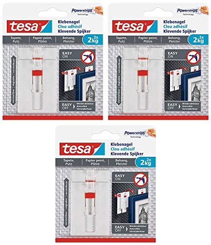 tesa Klebenagel verstellbar (für Tapeten und Gips 2 kg, höhenverstellbarer selbstklebender Wandnagel, bis zu 2 kg Haltekapazität pro Nagel) 2 Stück (3 Packungen / 2 kg) von tesa