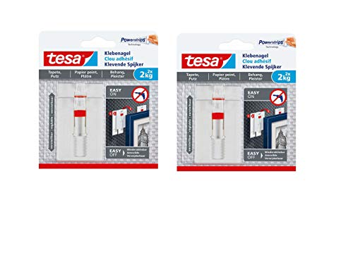 tesa Verstellbarer Klebenagel (für Tapeten und Putz 2 kg, Höhenverstellbarer, selbstklebender Wandnagel (2 kg | 4 Nägel) von tesa