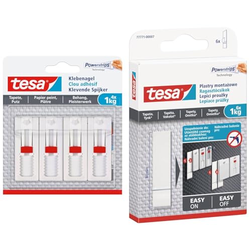 tesa Verstellbarer Klebenagel 4er Pack & Powerstrips Tapete&Putz-doppelseitige Klebestreifen für Tapete und Gips - Ersatz-Klebestreifen Klebenagel - Haltekraft 1,0 kg/Nagel-1 x 6 Streifen von tesa