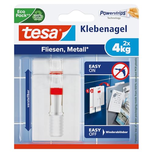 tesa Klebenagel Fliesen&Metalll, verstellbar, 2 Stück - anpassbarer Klebenagel für glatte und feste Oberflächen in Bad und Küche, 4 kg Haltekraft - ablösbar und wiederverwendbar von tesa