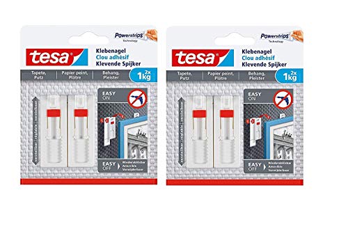 tesa Verstellbarer Klebenagel für Tapeten und Putz/Selbstklebender Nagel Powerstrips (4 Klebenägel) von tesa