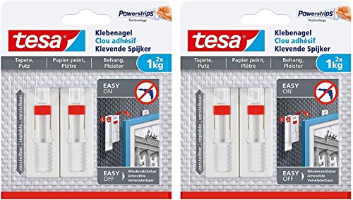 tesa Verstellbarer Klebenagel für Tapeten und Putz/Selbstklebender Nagel von tesa Powerstrips (2x 2 Nägel (1kg)) von tesa