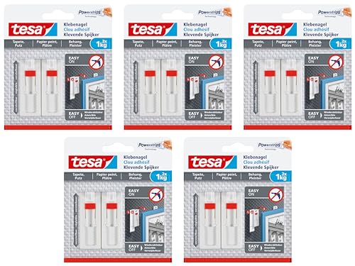 tesa Verstellbarer Klebenagel für Tapeten und Putz/Selbstklebender Nagel von tesa Powerstrips / 10 x 1 kg Halteleistung von tesa