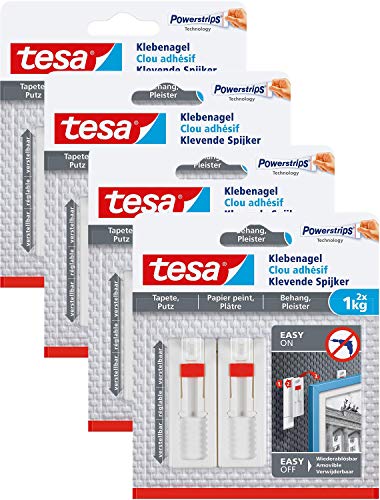 tesa Verstellbarer Klebenagel für Tapeten und Putz/Selbstklebender Nagel Powerstrips / 8 x 1 kg Halteleistung von tesa