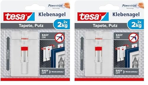 tesa Verstellbarer Klebenagel für Tapeten und Putz 2 kg - Höhenverstellbarer, selbstklebender Wandnagel - Bis zu 2 kg Halteleistung pro Nagel - 2-er Pack (Packung mit 2) von tesa