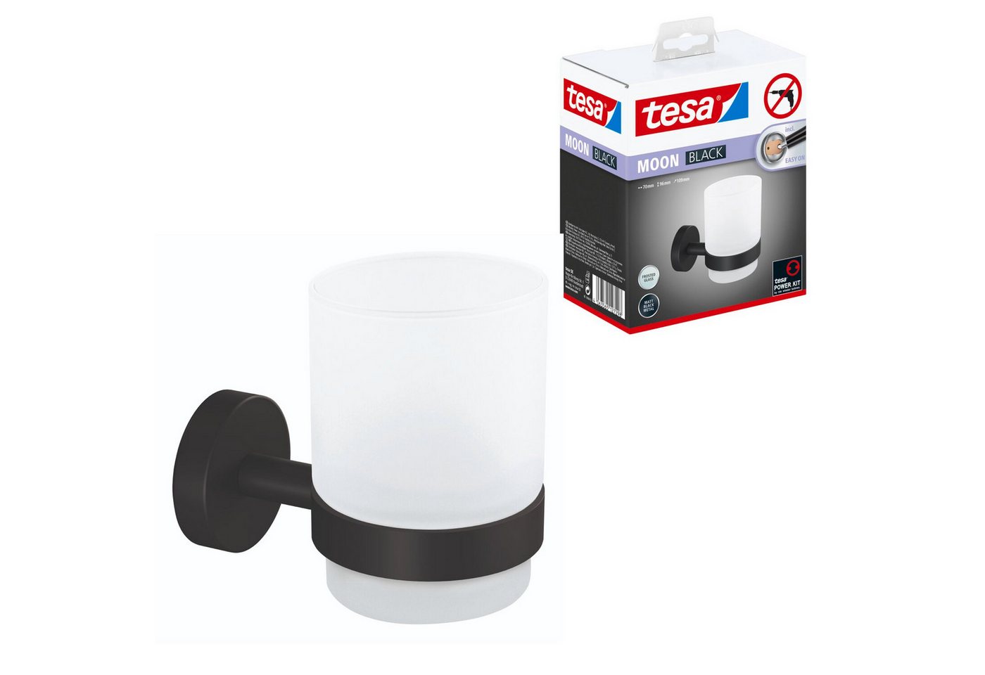 tesa Zahnputzbecher tesa Moon, (Packung, 1-St), selbstklebender Zahnbürstenhalter - schwarz von tesa