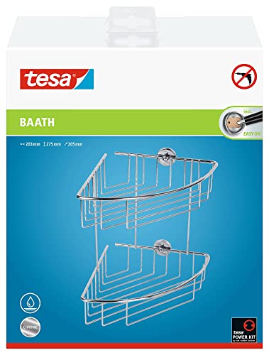 tesa baath Plus Eck-Duschregal, zweistöckig, inkl. Klebelösung, 275mm x 203mm x 205mm von tesa