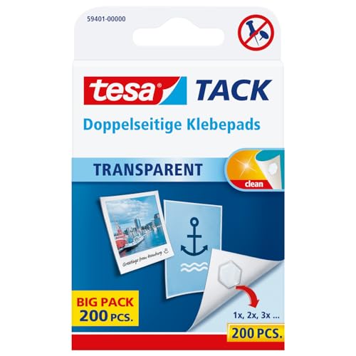 tesa doppelseitige Klebepads TACK/Transparente Klebestreifen zum Aufhängen an Wänden, Fenstern und Spiegeln / 1 x 200 Pads von tesa