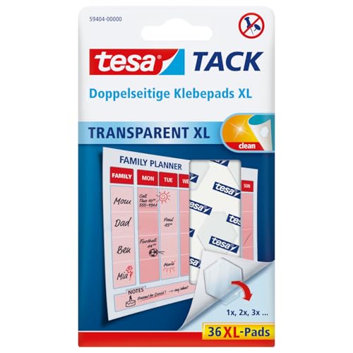 tesa doppelseitige Klebepads TACK XL / Transparente Klebestreifen zum Aufhängen an Wänden, Fenstern und Spiegeln / 1 x 36 Pads von tesa