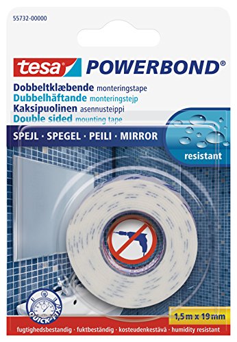 tesa Powerbond MIRROR - Doppelseitiges Montageband zur Fixierung von Spiegeln - Feuchtigkeitsbeständiges Klebeband für Bad und Dusche - 1,5 m x 19 mm von tesa