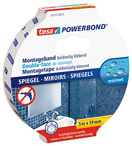 tesa Powerbond MIRROR - Doppelseitiges Montageband zur Fixierung von Spiegeln - Feuchtigkeitsbeständiges Klebeband für Bad und Dusche - 5 m x 19 mm von tesa