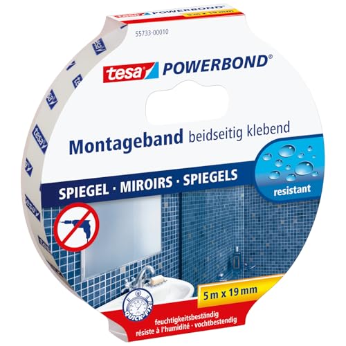 tesa Powerbond MIRROR - Doppelseitiges Montageband zur Fixierung von Spiegeln - Feuchtigkeitsbeständiges Klebeband für Bad und Dusche - 5 m x 19 mm von tesa