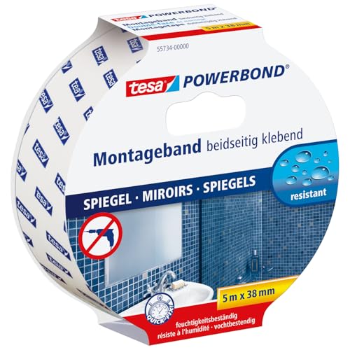 tesa Powerbond MIRROR - Doppelseitiges Montageband zur Fixierung von Spiegeln - Feuchtigkeitsbeständiges Klebeband für Bad und Dusche - 5 m x 38 mm tesa Powerbond MIRROR - Doppelseitiges Montageband zur Fixierung von Spiegeln - Feuchtigkeitsbeständiges Klebeband für Bad und Dusche - 5 m x 38 mm von tesa