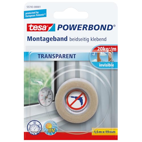 tesa Powerbond Montageband Transparent - doppelseitiges Klebeband - durchsichtiges Montage-Klebeband - transparent, 1,5 m x 19 mm, 1 Rolle von tesa