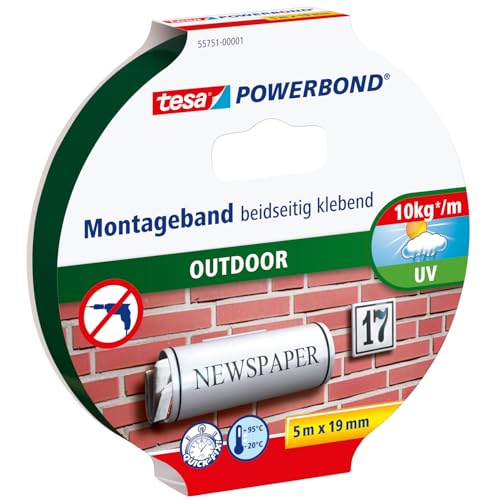 tesa Powerbond Outdoor - Doppelseitiges Montageband für den Außenbereich - Wasserfestes, starkes, UV-beständiges Klebeband - 5 m x 19 mm von tesa