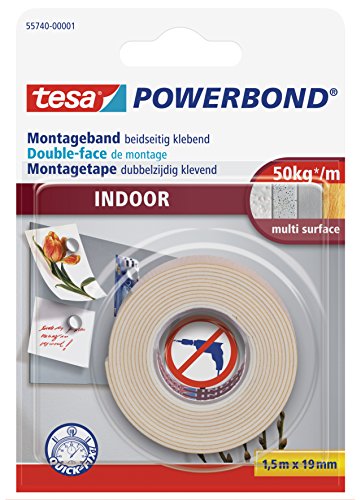 tesa Powerbond INDOOR - Doppelseitiges Montageband für den Innenbereich - beidseitig stark klebend, zur permanenten Befestigung - 1,5 m von tesa