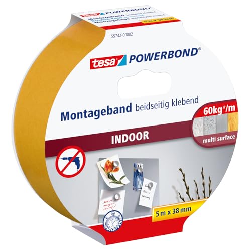 tesa Powerbond INDOOR - Doppelseitiges Montageband für den Innenbereich - beidseitig stark klebend, zur permanenten Befestigung - 5 m tesa Powerbond INDOOR - Doppelseitiges Montageband für den Innenbereich - beidseitig stark klebend, zur permanenten Befestigung - 5 m von tesa