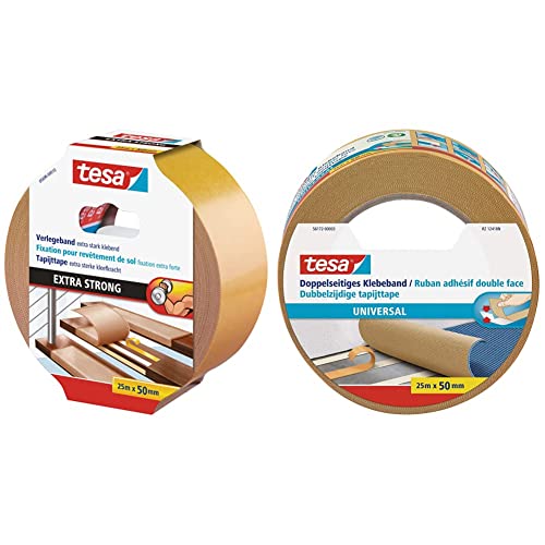 tesa doppelseitiges Verlegeband, extra stark klebend, 25m x 50mm & Doppelseitiges Klebeband Universal - Vielseitiges Klebeband für Verpackungen, Deko und Teppiche oder zum Basteln - 25 m x 50 mm von tesa