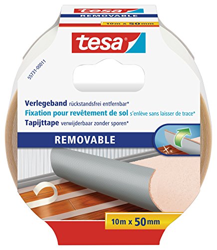 tesa Verlegeband rückstandsfrei entfernbar - Gewebeverstärktes, doppelseitiges Klebeband zum Verkleben von Teppich- und PVC-Bodenbelägen - 10 m x 50 mm von tesa