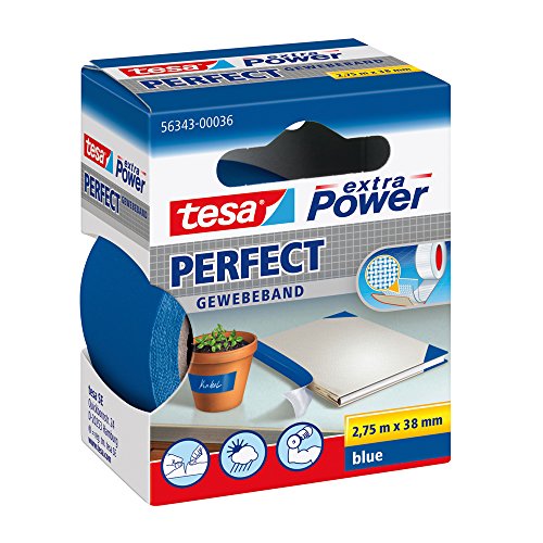 tesa extra Power Perfect Gewebeband - Gewebeverstärktes Ductape zum Basteln, Reparieren, Befestigen, Verstärken und Beschriften - Blau - 2,75 m x 38 mm von tesa