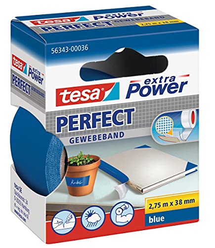 tesa extra Power Perfect Gewebeband - Gewebeverstärktes Ductape zum Basteln, Reparieren, Befestigen, Verstärken und Beschriften - Blau - 2,75 m x 38 mm von tesa