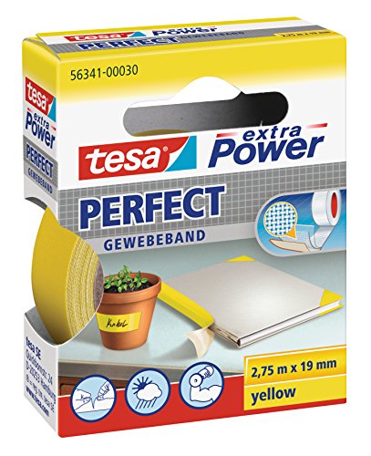 tesa extra Power Perfect Gewebeband - Gewebeverstärktes Ductape zum Basteln, Reparieren, Befestigen, Verstärken und Beschriften - Gelb - 2,75 m x 19 mm von tesa