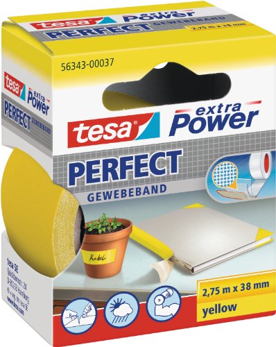 tesa extra Power Perfect Gewebeband - Gewebeverstärktes Ductape zum Basteln, Reparieren, Befestigen, Verstärken und Beschriften - Gelb - 2,75 m x 38 mm von tesa