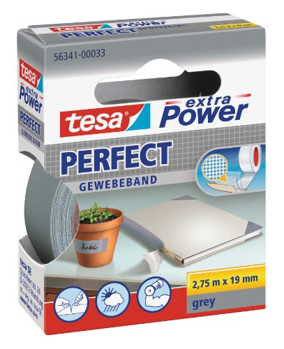 tesa extra Power Perfect Gewebeband - Gewebeverstärktes Ductape zum Basteln, Reparieren, Befestigen, Verstärken und Beschriften - Grau - 2,75 m x 19 mm von tesa