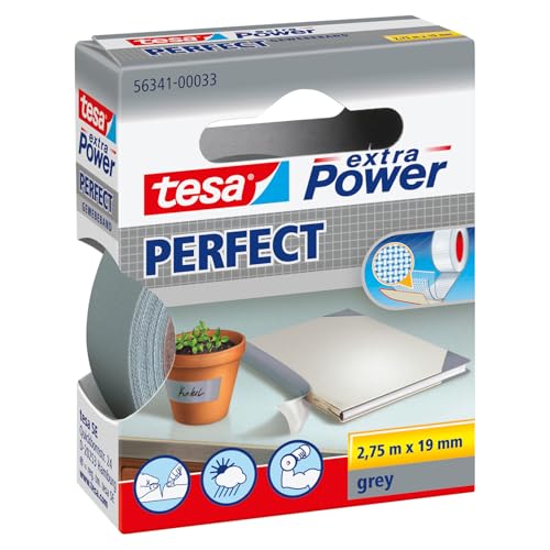 tesa extra Power Perfect Gewebeband - Gewebeverstärktes Ductape zum Basteln, Reparieren, Befestigen, Verstärken und Beschriften - Grau - 2,75 m x 19 mm von tesa