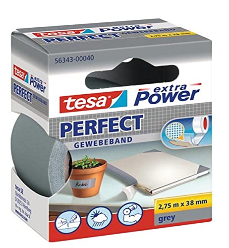 tesa extra Power Perfect Gewebeband - Gewebeverstärktes Ductape zum Basteln, Reparieren, Befestigen, Verstärken und Beschriften - Grau - 2,75 m x 38 mm von tesa