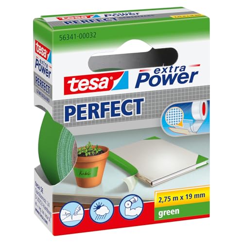 tesa extra Power Perfect Gewebeband - Gewebeverstärktes Ductape zum Basteln, Reparieren, Befestigen, Verstärken und Beschriften - Grün - 2,75 m x 19 mm von tesa