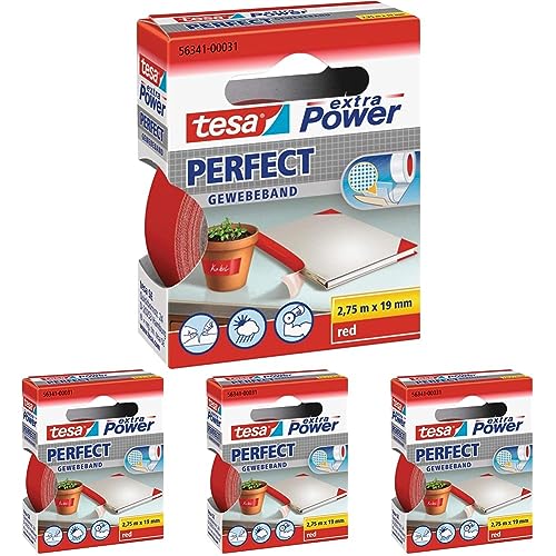 tesa extra Power Perfect Gewebeband - Gewebeverstärktes Ductape zum Basteln, Reparieren, Befestigen, Verstärken und Beschriften - Rot - 2,75 m x 19 mm (Packung mit 4) von tesa