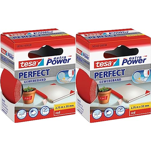 tesa extra Power Perfect Gewebeband - Gewebeverstärktes Ductape zum Basteln, Reparieren, Befestigen, Verstärken und Beschriften - Rot - 2,75 m x 38 mm (Packung mit 2) von tesa