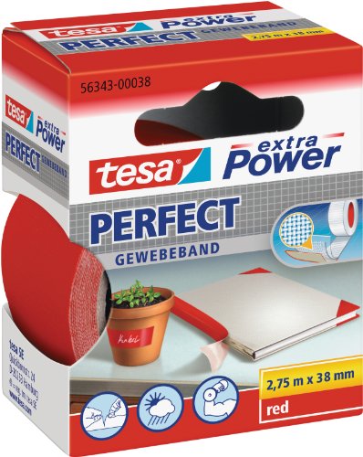tesa extra Power Perfect Gewebeband - Gewebeverstärktes Ductape zum Basteln, Reparieren, Befestigen, Verstärken und Beschriften - Rot - 2,75 m x 38 mm von tesa