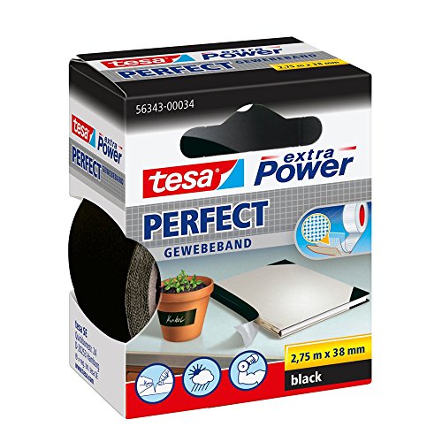 tesa extra Power Perfect Gewebeband - Gewebeverstärktes Ductape zum Basteln, Reparieren, Befestigen, Verstärken und Beschriften - Schwarz - 2,75 m x 38 mm von tesa