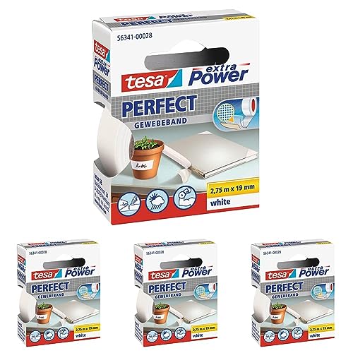 tesa extra Power Perfect Gewebeband - Gewebeverstärktes Ductape zum Basteln, Reparieren, Befestigen, Verstärken und Beschriften - Weiß - 2,75 m x 19 mm (Packung mit 4) von tesa