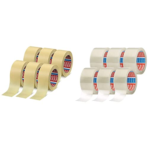 tesa krepp 4323 Basic im 6er Pack - hellbeige - 50 m x 50 mm & pack 64014 - Geräuscharmes Paketklebeband zum Verpacken von Paketen und Versandschachteln - transparent - 6 Rollen je 66 m, 6er Pack von tesa