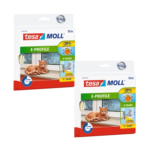 tesa moll E-Profil Gummidichtung im 2er Pack - Selbstklebende Dichtung zum Isolieren von Spalten an Fenstern und Türen - Weiß - 2x 10 m x 9 mm x 4 mm von tesa