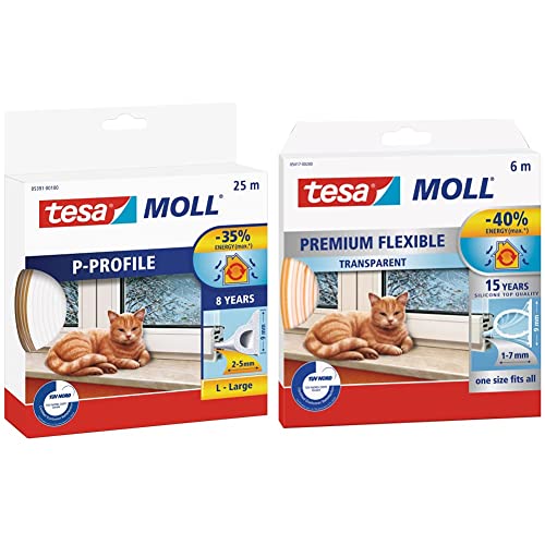 tesa moll P-Profile & moll Fensterdichtung Premium Flexible - Selbstklebende Silikondichtung zum Isolieren von Spalten an Fenstern und Türen - Transparent - 6 m x 9 mm x 7 mm von tesa