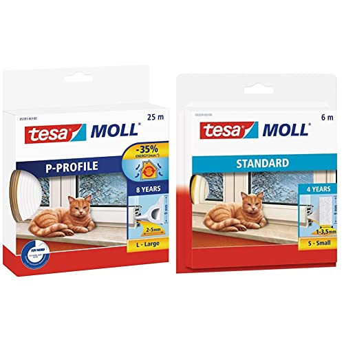 tesa moll P-Profile & moll STANDARD I-Profil - Schaumstoffdichtung zum Isolieren von Spalten im Haushalt, selbstklebend - Weiß - 6 m x 9 mm x 4 mm von tesa