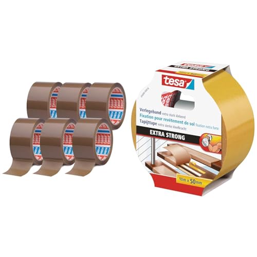 tesa pack 64014 im 6er Pack - Geräuscharmes Paketklebeband & Verlegeband extra stark klebend - Doppelseitiges Klebeband zum Verlegen von Teppich und PVC-Belag - doppelseitig klebend - 10 m x 50 mm von tesa
