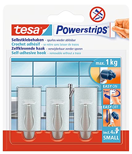 tesa Powerstrips Haken Small TREND - Selbstklebender Wandhaken für Glas, Kacheln, Holz, Kunststoff und andere Untergründe - Matt-Chrom von tesa