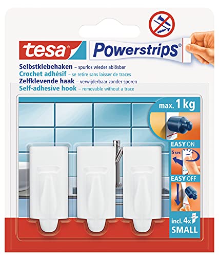 tesa Powerstrips Haken Small TREND - Selbstklebender Wandhaken für Glas, Kacheln, Holz, Kunststoff und andere Untergründe - Weiß von tesa