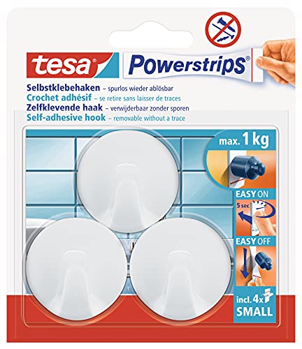 tesa Powerstrips Haken Small RUND - Selbstklebender Wandhaken für Glas, Kacheln, Holz, Kunststoff und andere Untergründe - Matt-Chrom von tesa