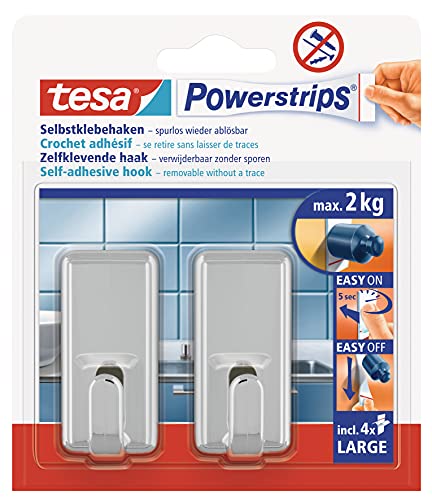 tesa Powerstrips Haken Large CLASSIC - Selbstklebender Wandhaken für Glas, Kacheln, Holz, Kunststoff und andere Untergründe - Chrom von tesa